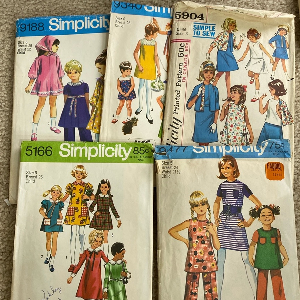 Set of 5 Vintage Sewing Patterns for Children’s Clothing Simplicity Size 6 & 5